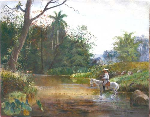 sgnd A. Porro (?) very fine quality 11x14 Cuban (?: sgnd A. Porro (?) very fine quality 11x14 Cuban (?) w palm trees & goucho on horseback