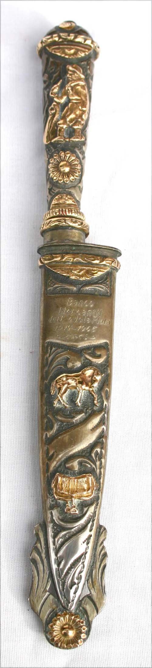 wonderfully dec 14k gold & silver knife in sheath : wonderfully dec 14k gold & silver knife in sheath w blade marked "Franz Wenk solingen" and sheath inscribed "Banco Mercantil dell odela Plata 1915-1965"