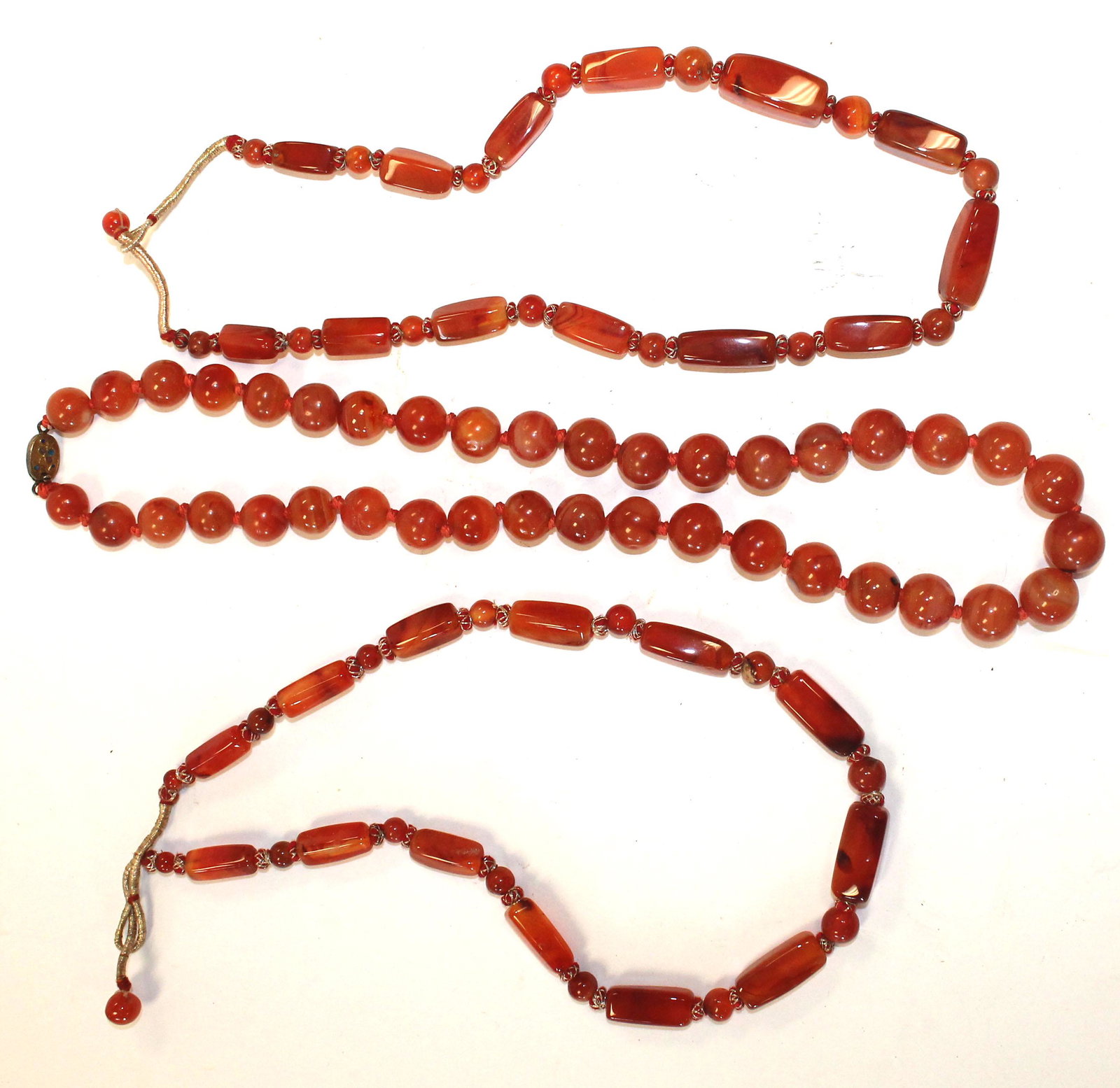 3 Asian Carnelian bead necklaces - 1 bead w decorated: 3 Asian Carnelian bead necklaces - 1 bead w decorated clasp - approx 22" & 2 bead & bar - approx 18"