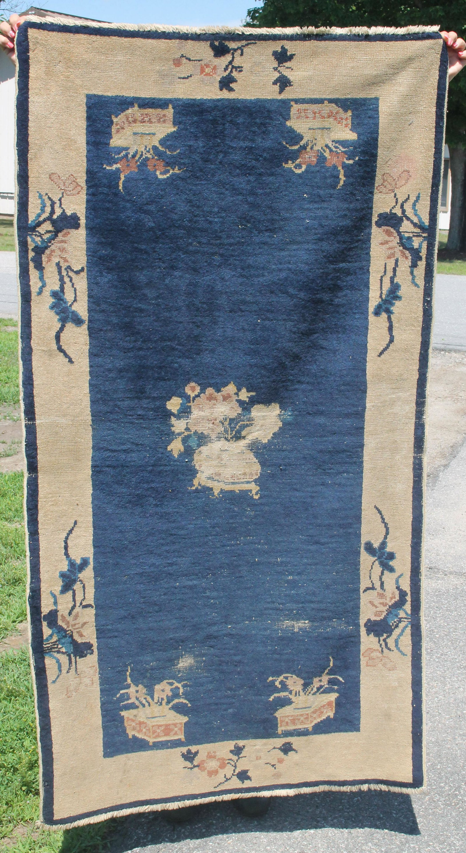 Chinese blue Oriental area rug - 3'x5'8" - as found: Chinese blue Oriental area rug - 3'x5'8" - as found