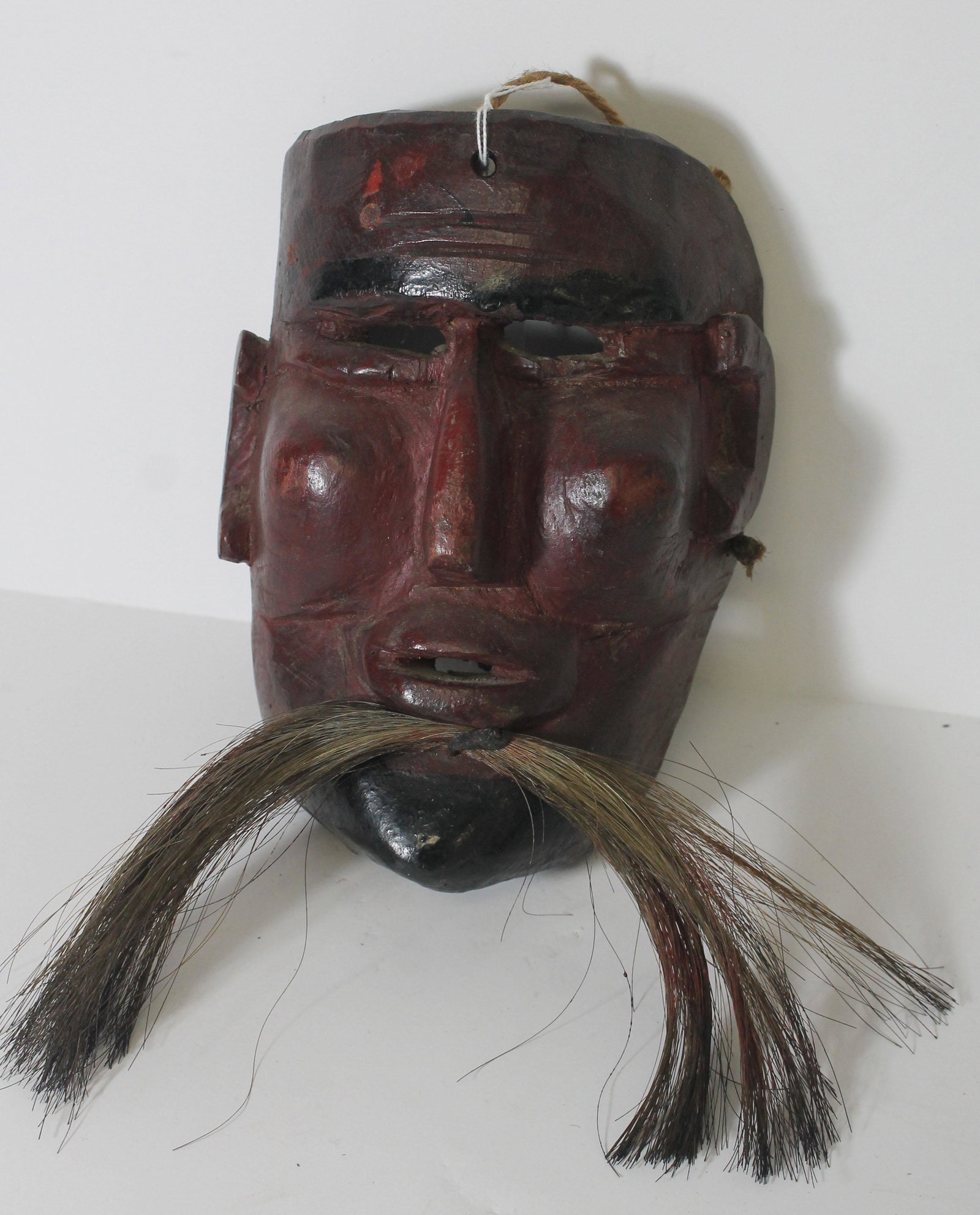 Bhutan carved wooden painted ceremonial mask w human: Bhutan carved wooden painted ceremonial mask w human hair whiskers - 8" tall x 6" wide