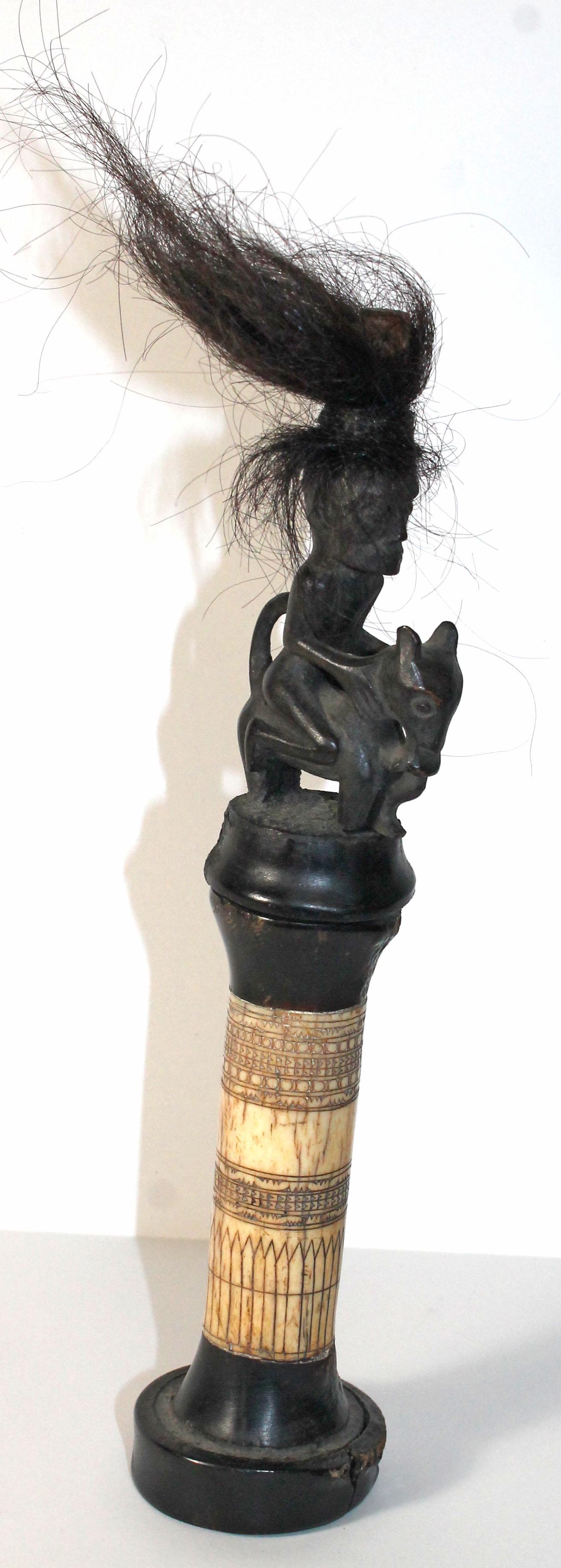 19thC Indonesian Dayak lime container w carved Dayak on: 19thC Indonesian Dayak lime container w carved Dayak on horseback finial - as found - 9 1/2" tall
