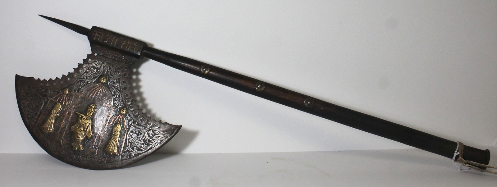 Indian ceremonial executioner's axe w copper & brass: Indian ceremonial executioner's axe w copper & brass inlaid blade - hanlde has brass washer rivets - overall 31" long - blade 12"x9"