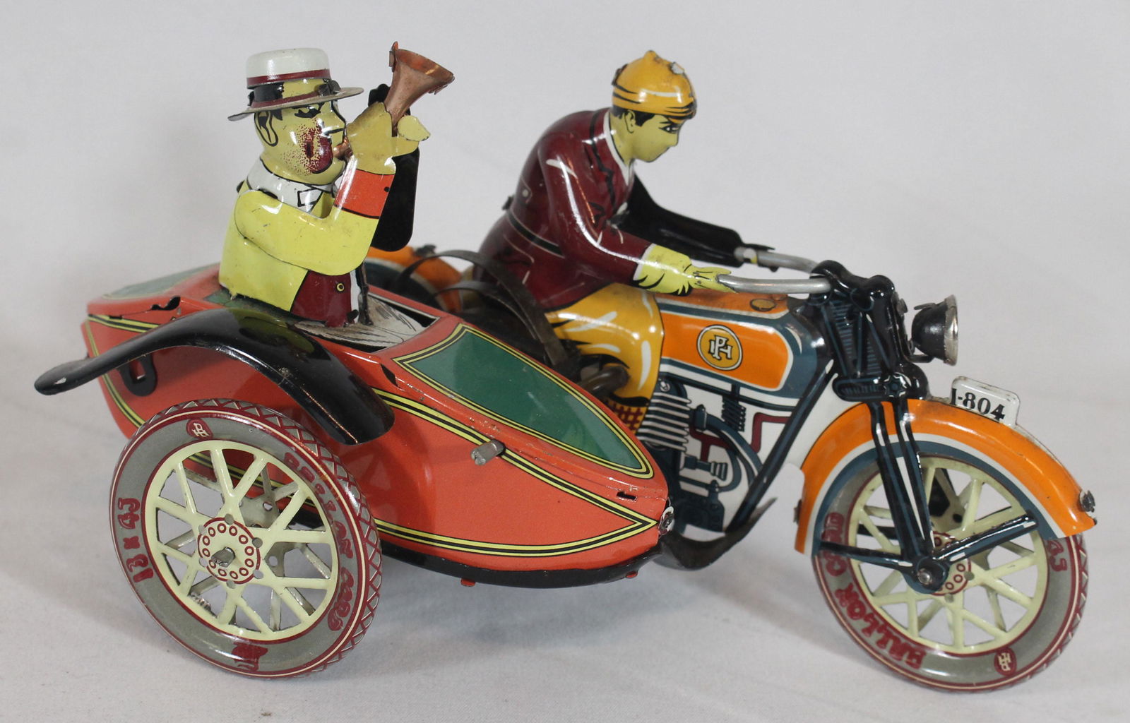 Tin wind-up motorcycle w rider & sidecar - as found - (1 of 6)