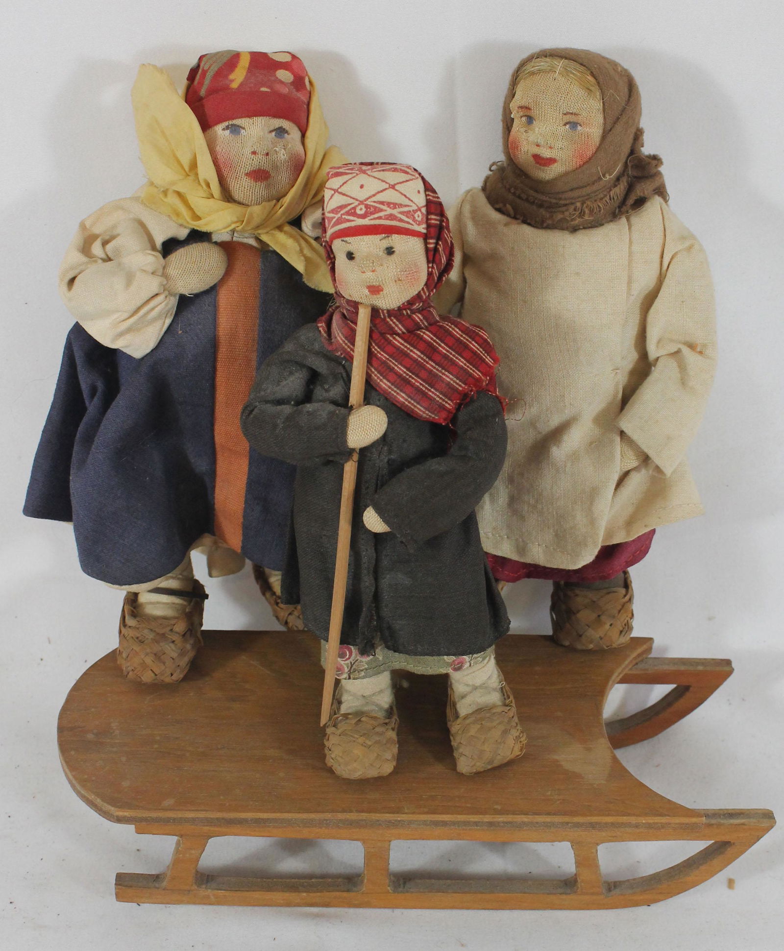 lot of 4 1930's Russian silk face dolls w a wooden sled (1 of 7)