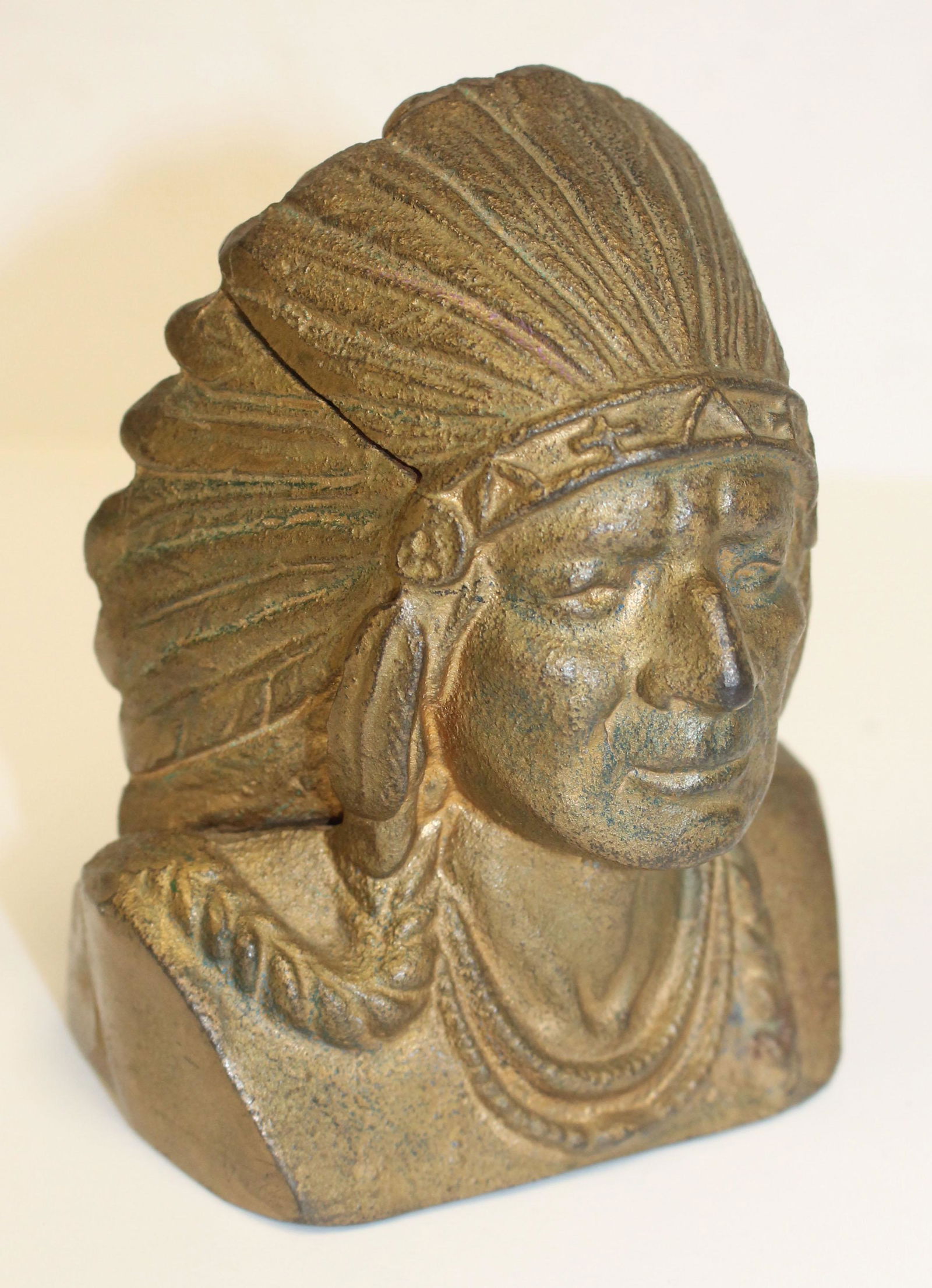 Gilt cast iron Native American chief head still bank - (1 of 3)