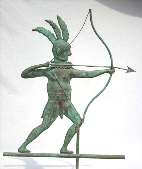 copper full bodied 27 1/2" Indian w bow & arrow we: copper full bodied 27 1/2" Indian w bow & arrow weathervane in good verdigris surface ca 1920