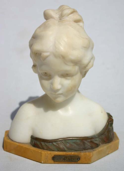 late 19thC 7 1/4" tall French marble & bronze scul: late 19thC 7 1/4" tall French marble & bronze sculpture of a female child "Poeme" sgnd Gino