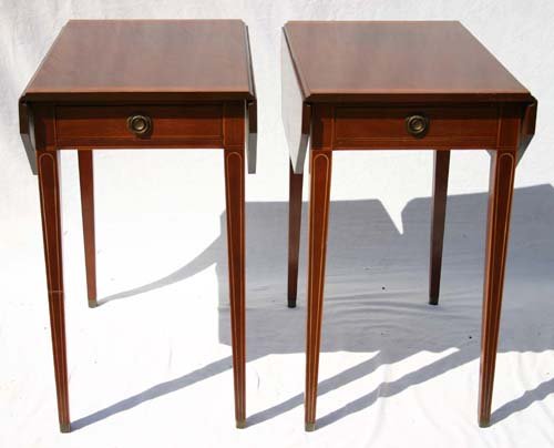 pr of fine quality 1930's Hepplewhite style 1 dr : pr of fine quality 1930's Hepplewhite style 1 dr dropleaf mahog end tables w string inlay ("Genuine Mahog" labels)