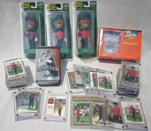 Tiger Woods collection incl 3 Tiger Woods "Tiger S: Tiger Woods collection incl 3 Tiger Woods "Tiger Slam" bobble head dolls, Upper deck boxed cards, Wheaties commemorative boxed premium & lg lot of Tiger Woods cards