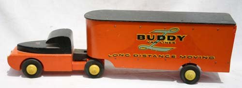 Rare wooden Buddy L Van Lines "Long Distance Mov: Rare wooden Buddy L Van Lines "Long Distance Moving" truck - CA 1940'S - 27 1/2" long