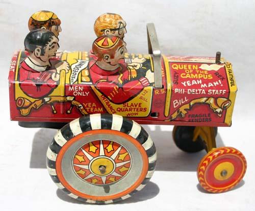 Marx "Leapin' Lena" tin wind up vehicle w college : Marx "Leapin' Lena" tin wind up vehicle w college kids - 6" long