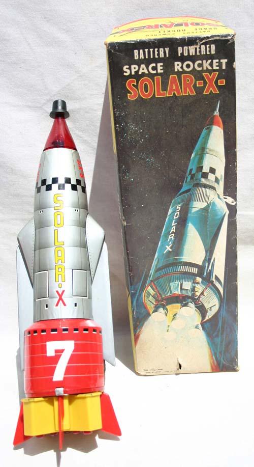 Japanese tin & plastic orig boxed "Solar X" batter: Japanese tin & plastic orig boxed "Solar X" battery op Space Rocket - 15 1/2" tall