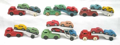 lot of 6 Barclay miniature car carriers - 5 with 2: lot of 6 Barclay miniature car carriers - 5 with 2 cars - one with 4 cars - approx 4 3/4" each