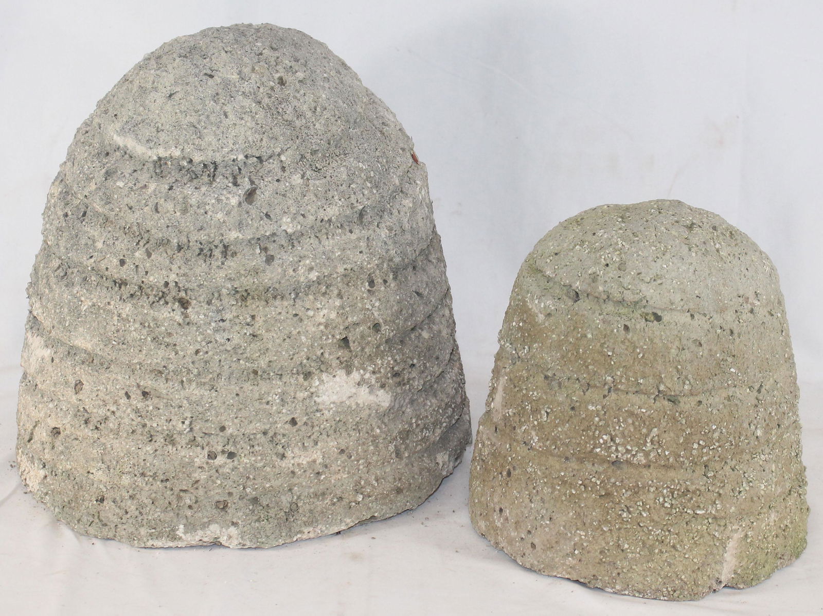 2 cement bee skeps - 15" tall x 13" diam & 10" tall x 9: 3 cement bee skeps - 15" tall x 13" diam & 10" tall x 9 1/2" diam