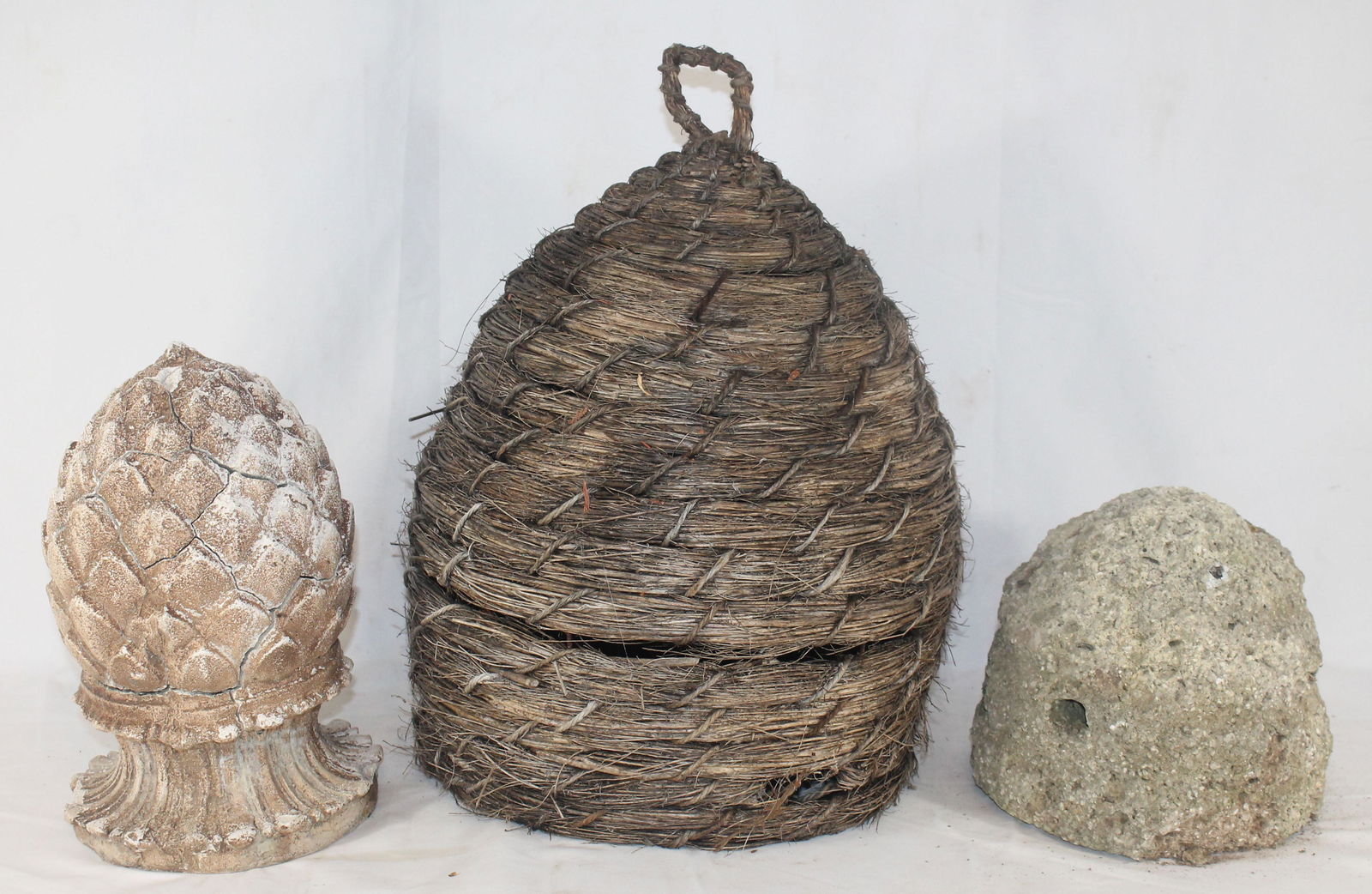 lot of 2 bee skeps incl a 9" tall cement & a 19" tall (1 of 5)