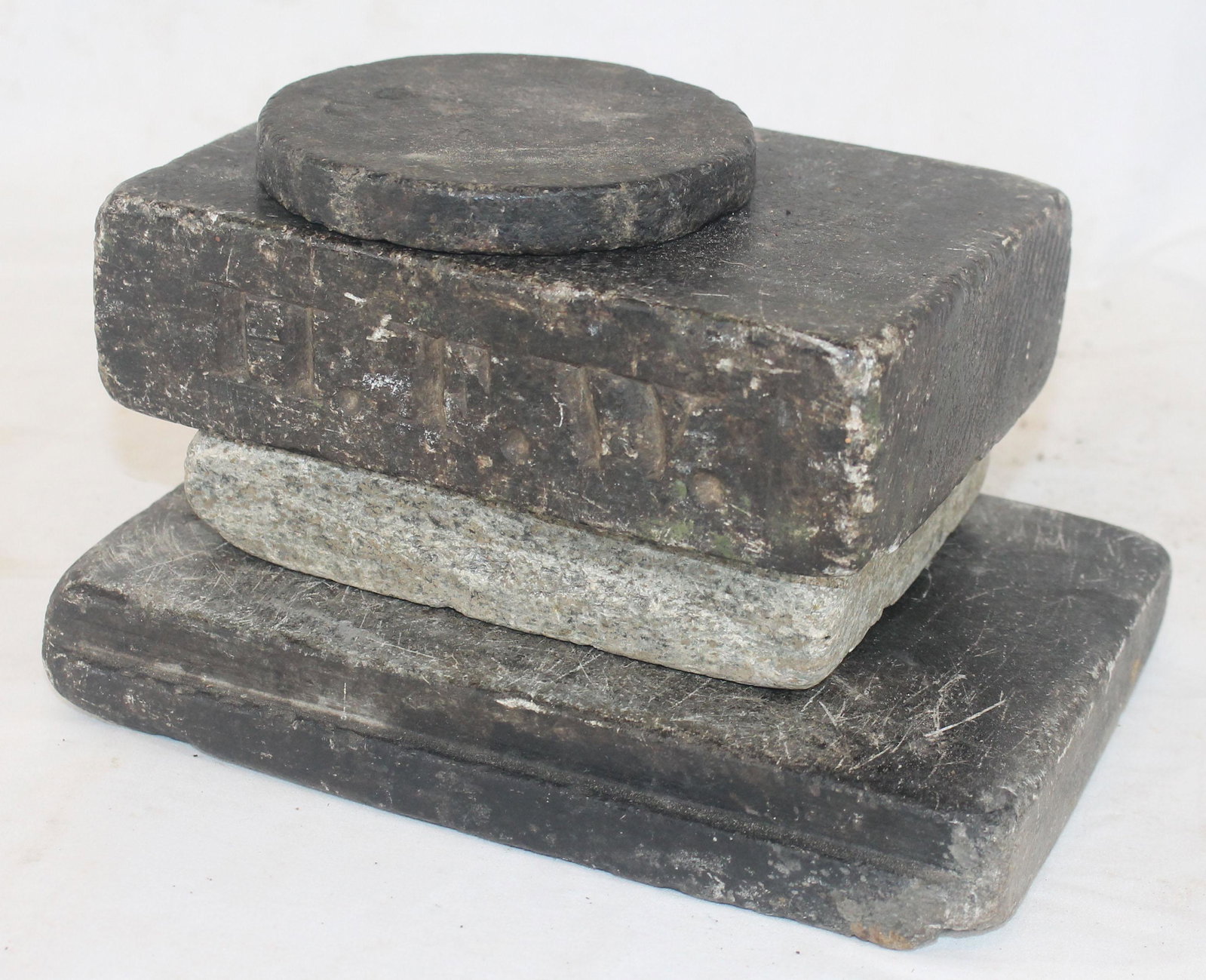 lot of 4 soapstone warming stones - 4 3/4" diam,: lot of 4 soapstone warming stones - 4 3/4" diam, retangulars measure 6 3/4"x5 1/4", 7 3/4"x5 1/2" & 9 3/4" x 7 1/4"