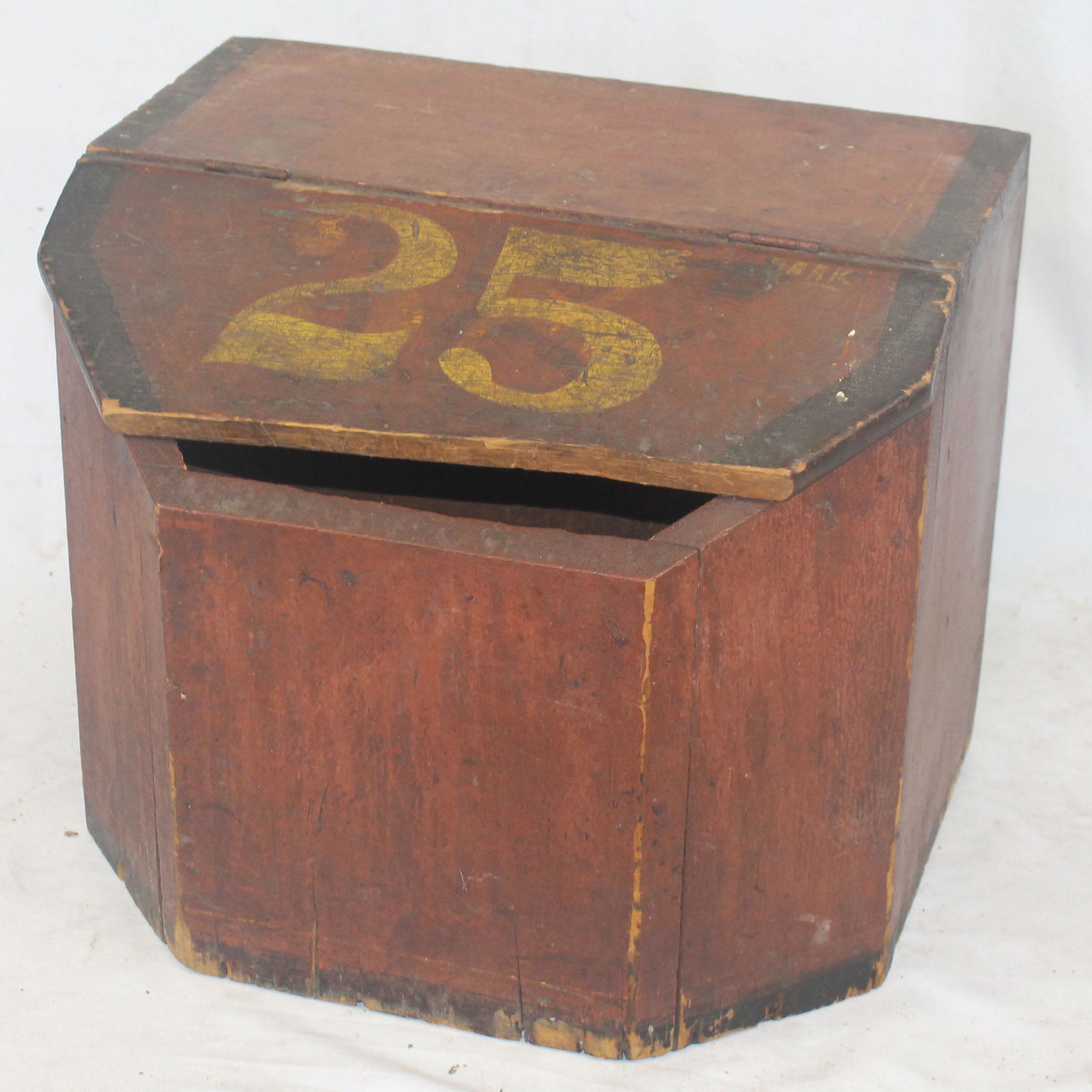 wooden painted storage bin in red paint w "25" painted (1 of 5)