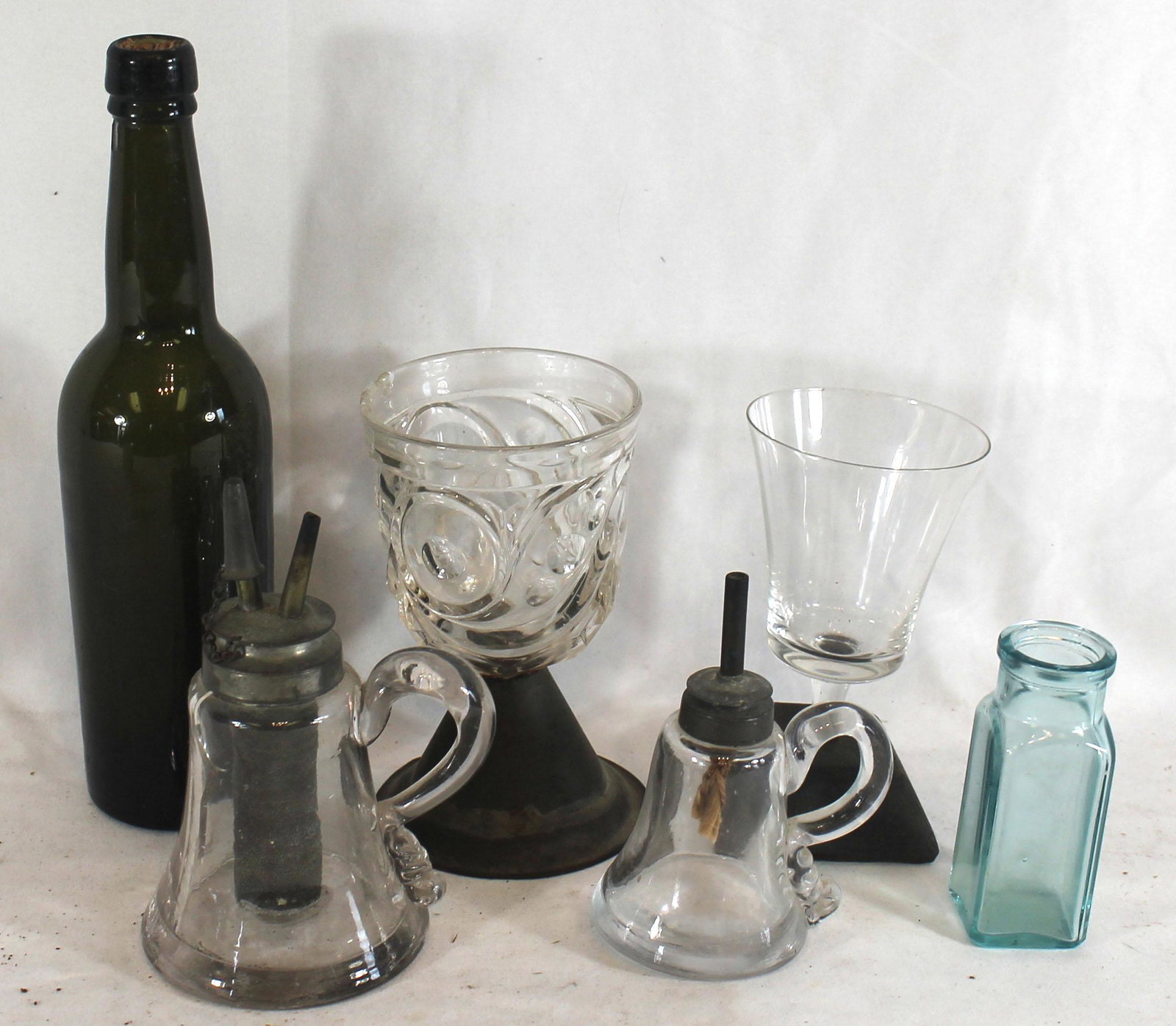lot of 6 glass items incl 2 make-do goblets, whale oil: lot of 6 glass items incl 2 make-do goblets, whale oil lamps & 2 bottles