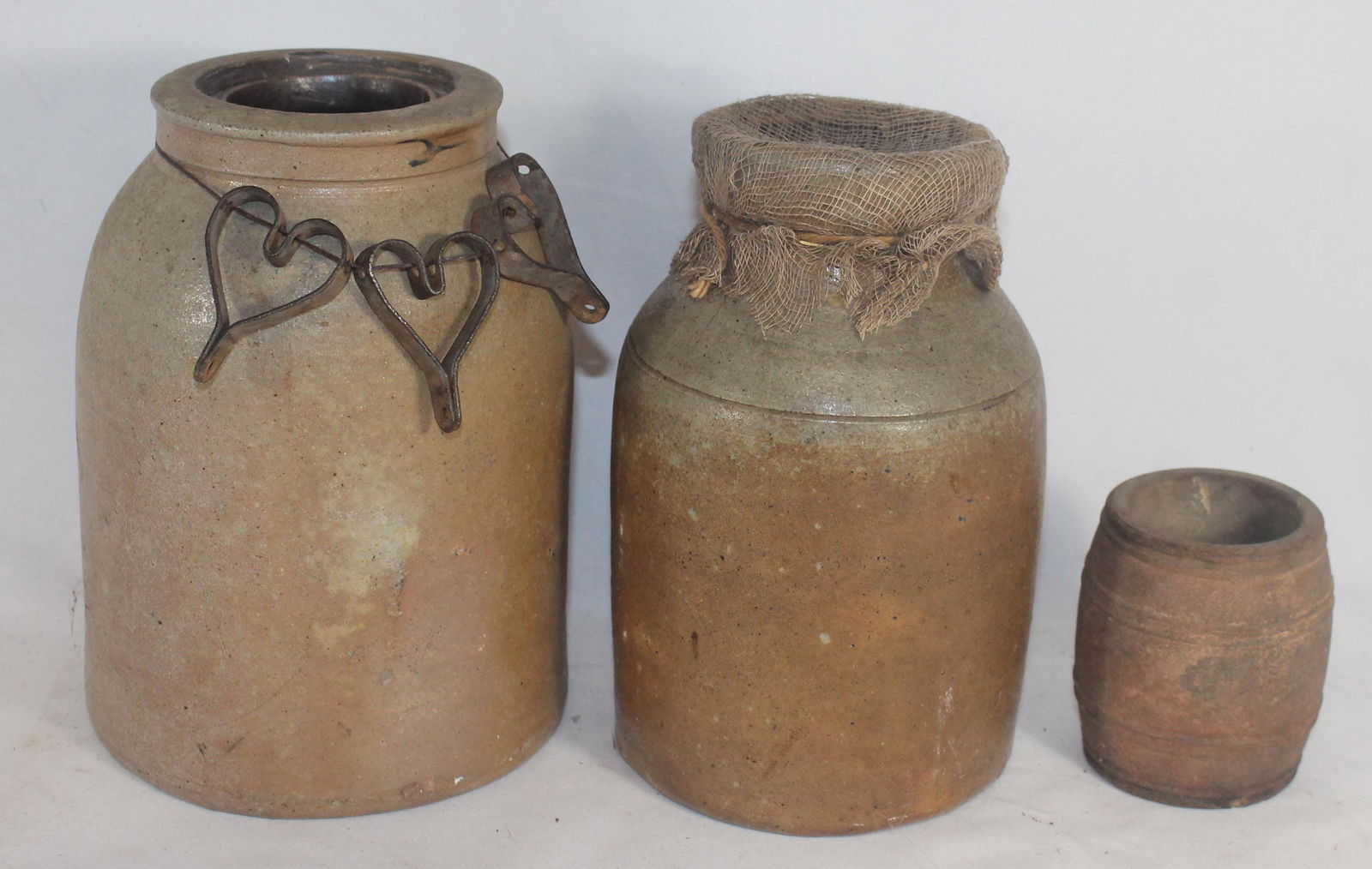 3 pcs of stoneware incl 2 jars & a rundlet - as found 1 (1 of 6)