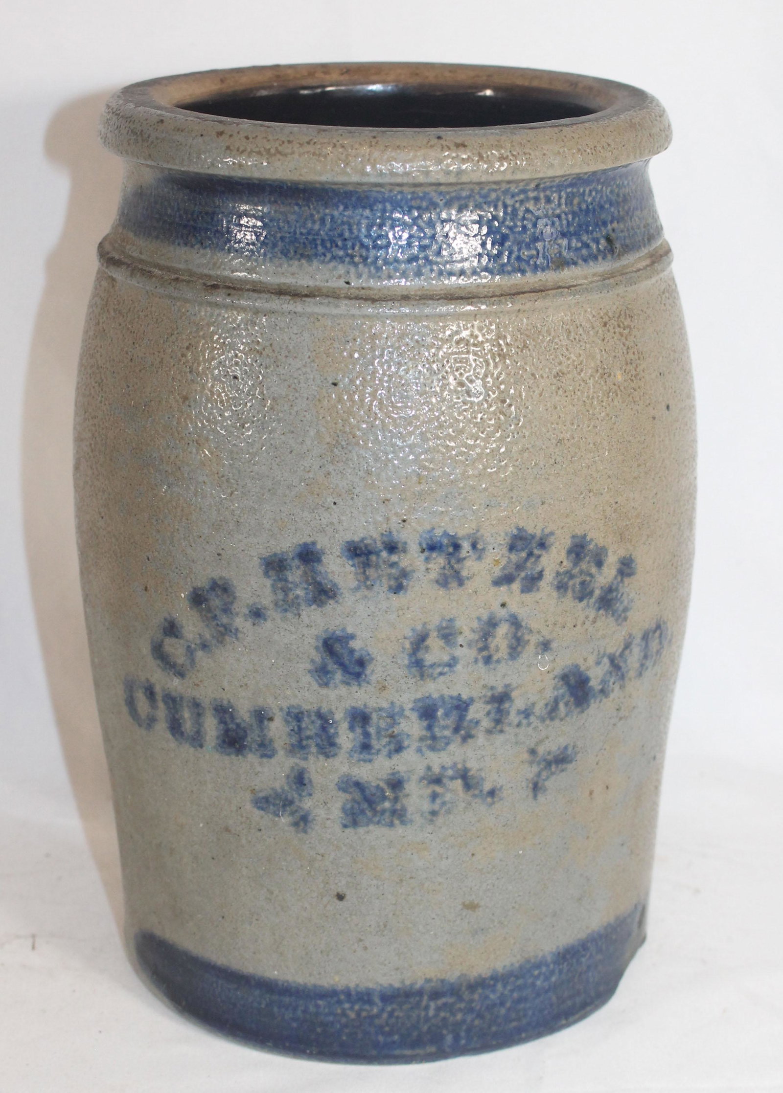 Stoneware metchant's jar w blue cobalt lettering "CF: Stoneware metchant's jar w blue cobalt lettering "CF Hetzel Cumberland, MD" -10" tall x 6" diam