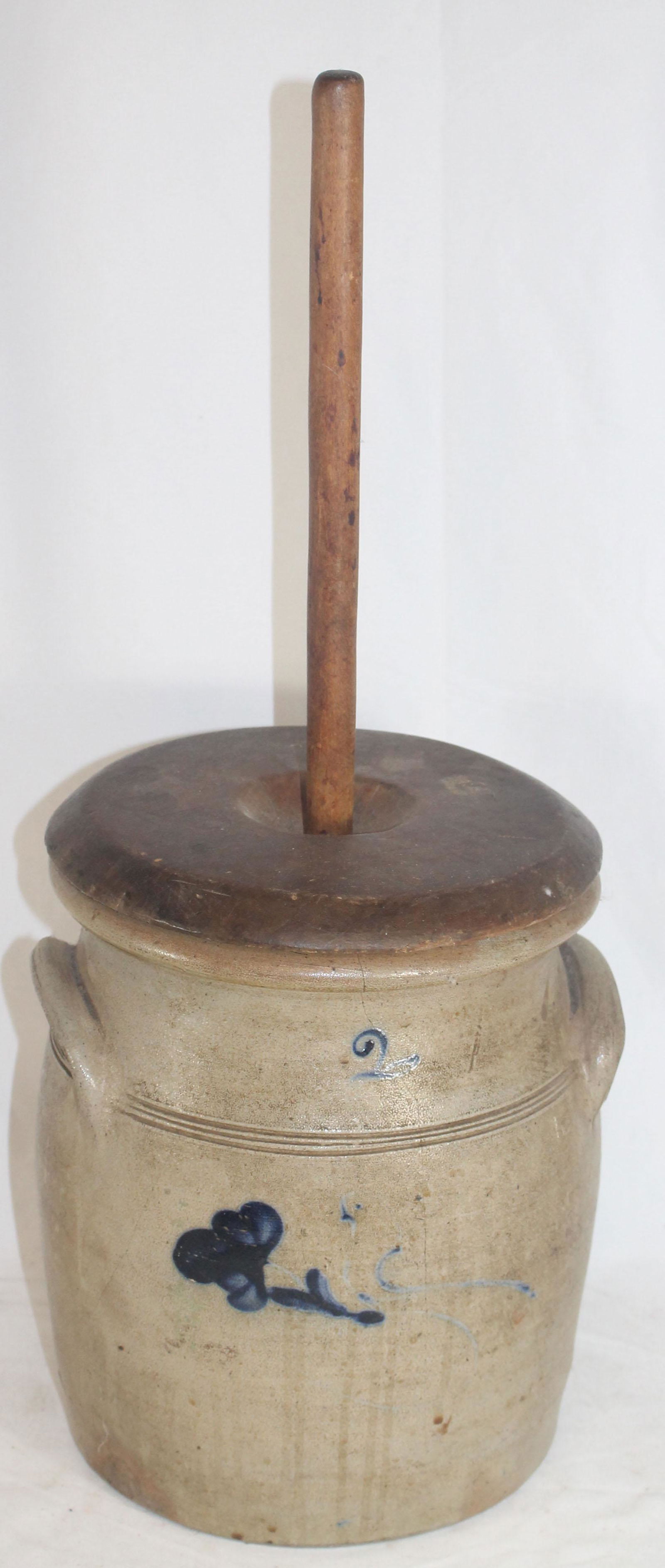 Stoneware butter churn w wooden lid & dasher & cobalt (1 of 9)