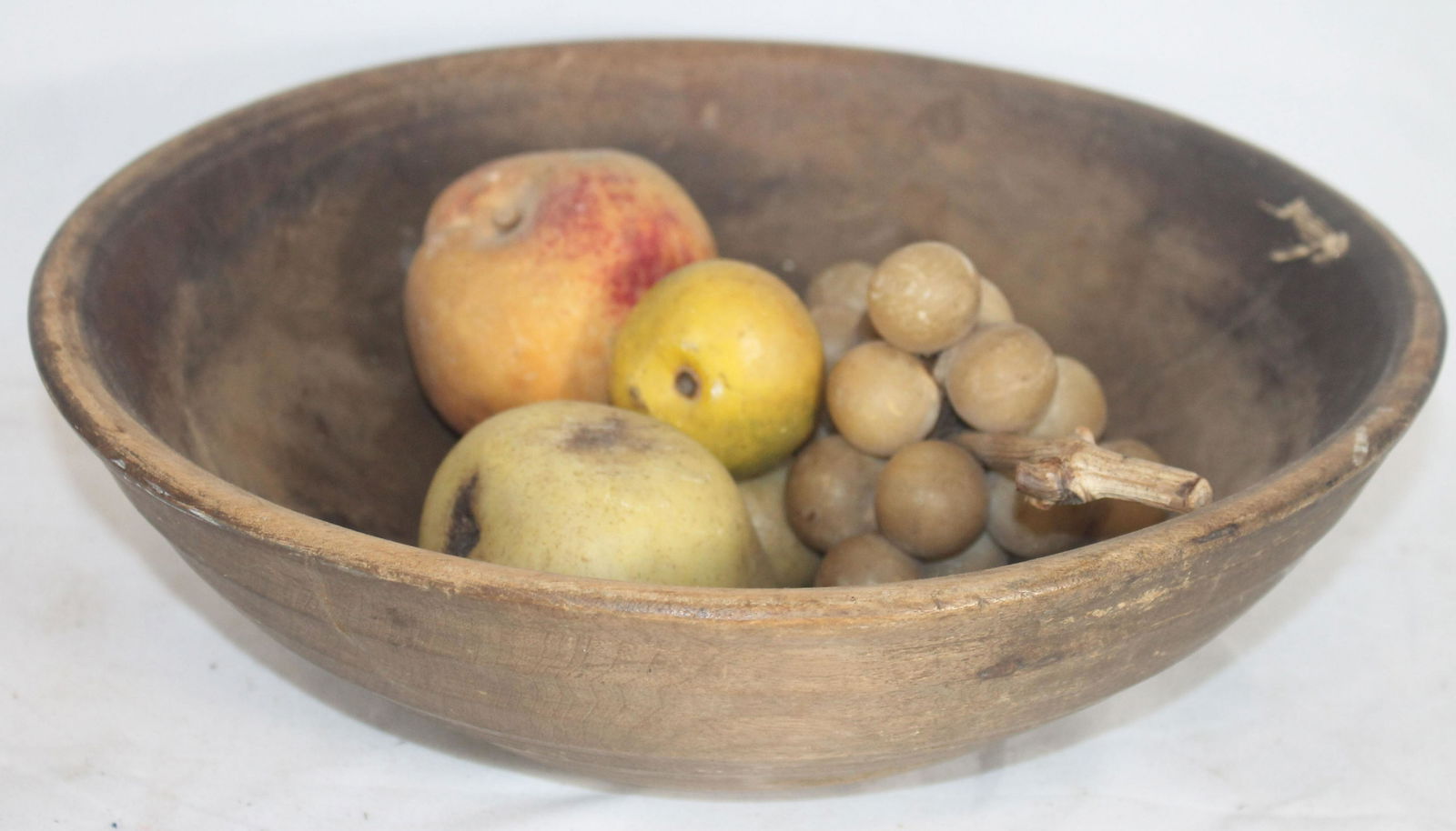 antique treen bowl w stone fruit grapes, pear, peach, (1 of 7)