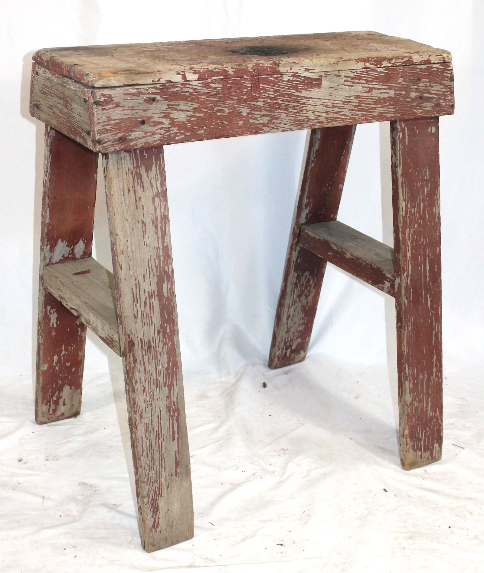 Wooden saw horse w traces of red paint - 30" tall x 27": Wooden saw horse w traces of red paint - 30" tall x 27" wide x 9" deep (top)
