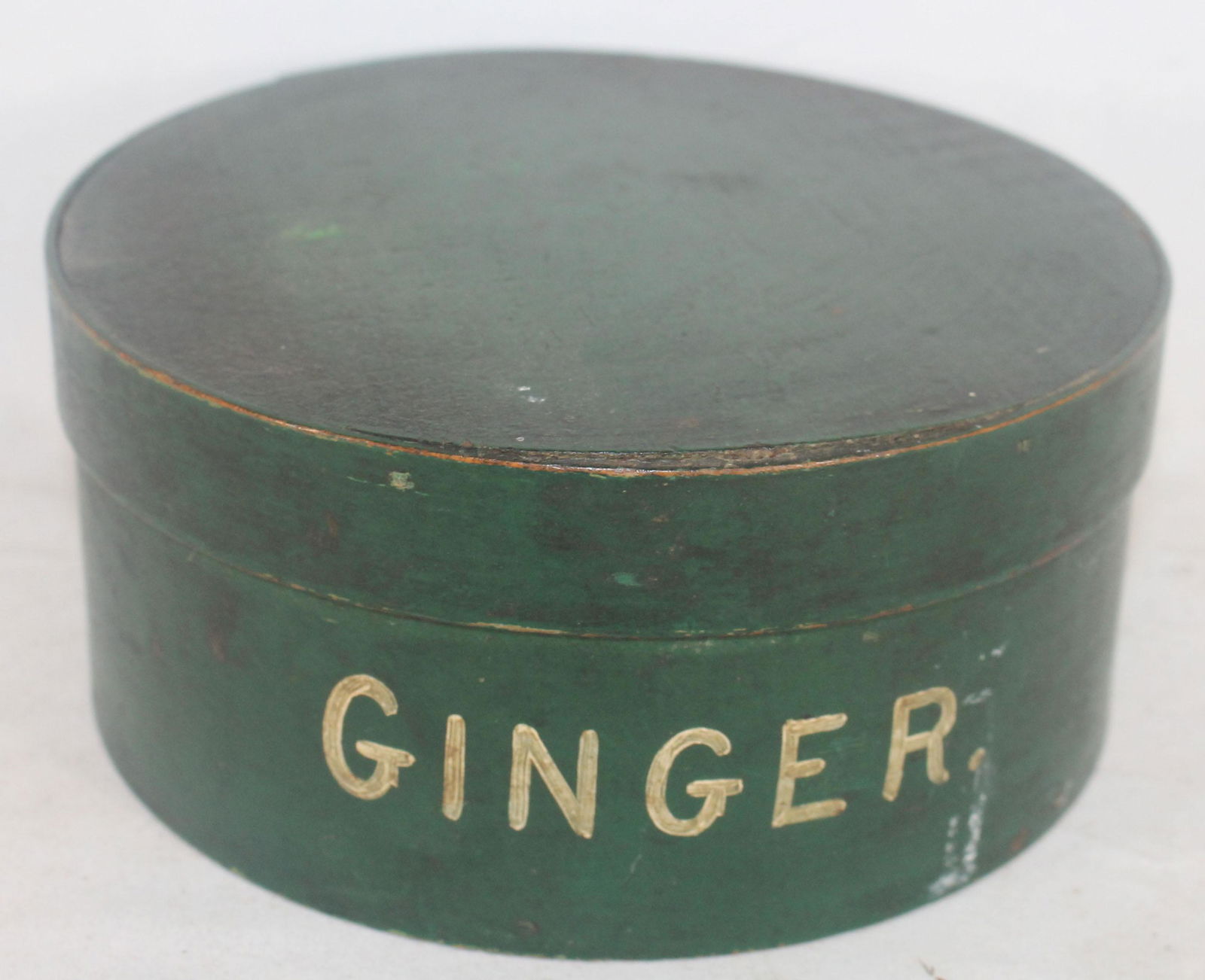 Round pantry box in green paint w "Ginger" painted on (1 of 8)