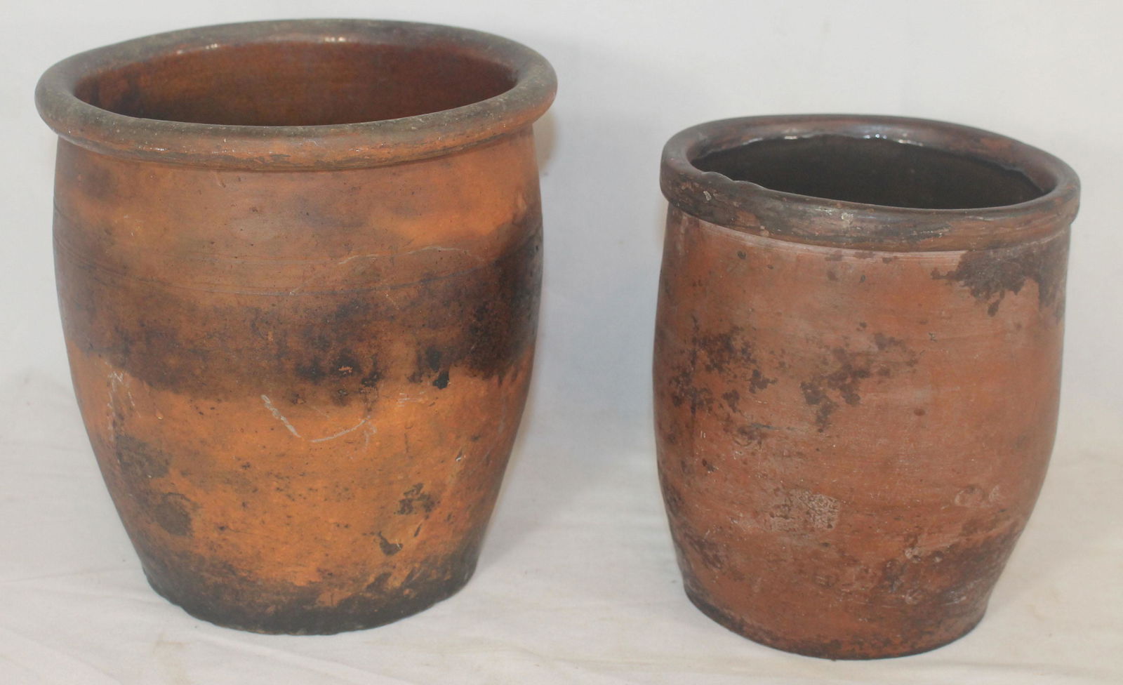 2 Redware diminutive lard pots w grungy dark surface - (1 of 10)