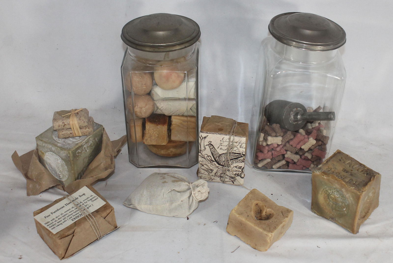 2 glass apothecary jars together w various soaps & (1 of 8)