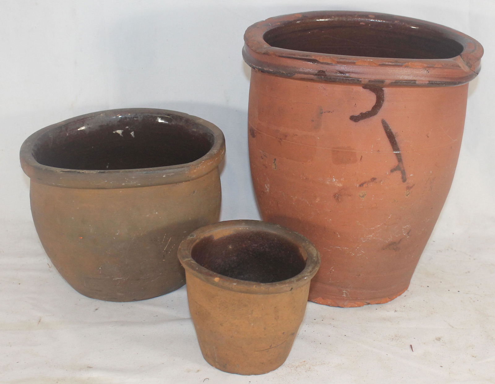 3 pcs of early redware incl a lg & sm lard pot & apple (1 of 9)