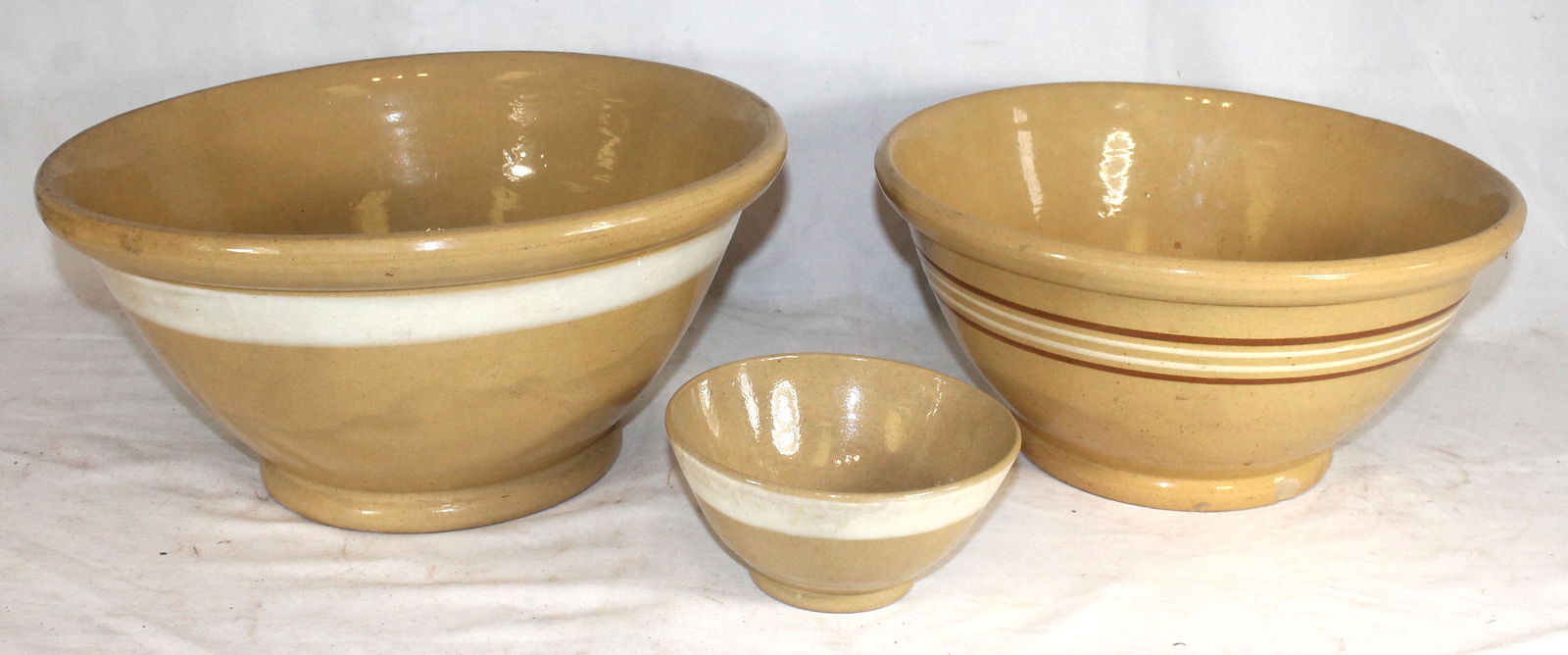 3 yelloware bowls - as found w repairs - 6", 13" & 14" (1 of 7)