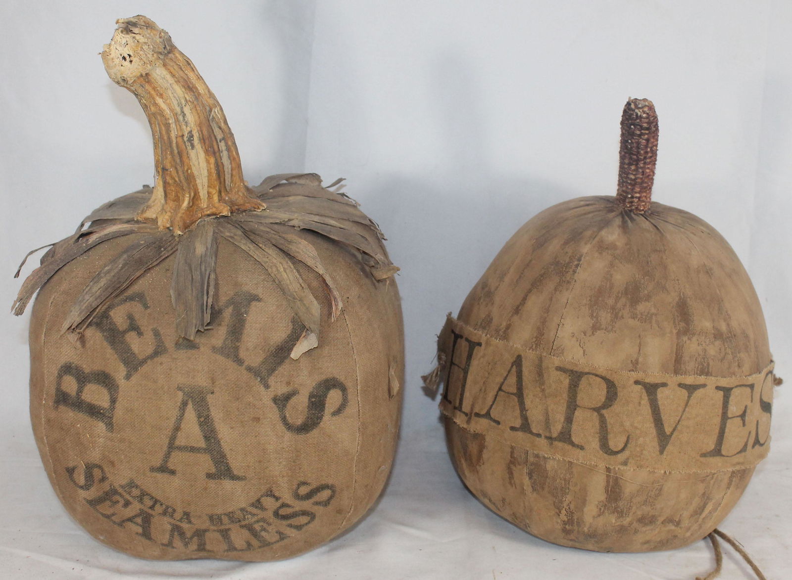 2 primitive contemporary feedsack pumpkins - overall (1 of 5)