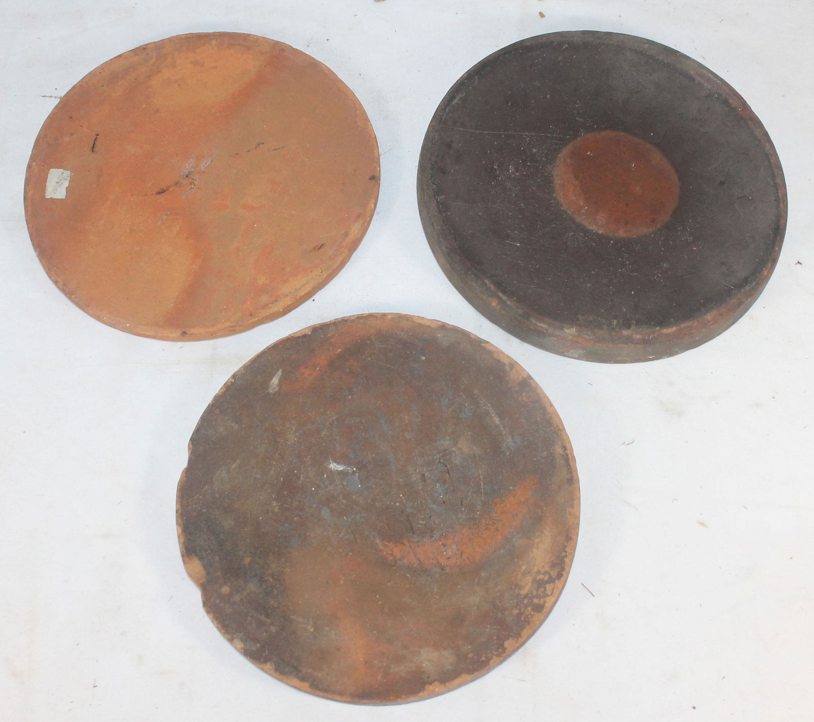 lot of 3 antique redware trivets or crock covers - as (1 of 6)
