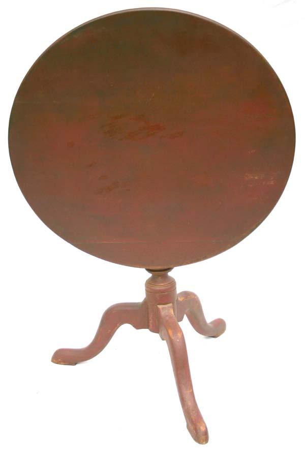 ca 1740-60 period QA birch or maple NH tilt top tea: ca 1740-60 period QA birch or maple NH tilt top tea table on tripod snake ft base in old red paint - 29 1/2" round