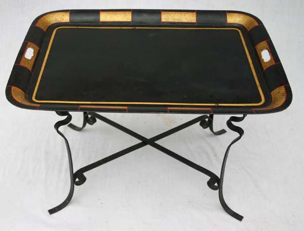 lg 30x22" ca 1880's hnd painted tole tray on later: lg 30x22" ca 1880's hnd painted tole tray on later wrought iron stand