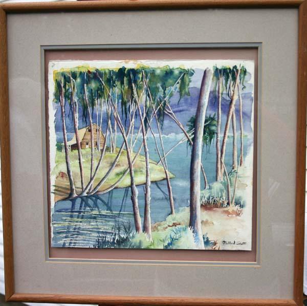Millard Owen Sheets (1907-1989) 13x13 3/4 w/c of a: Millard Owen Sheets (1907-1989) 13x13 3/4 w/c of a tropical scene w cabin on a lake