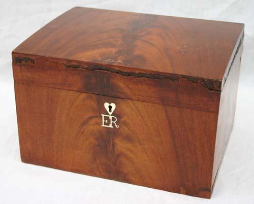 ca 1810 fine quality mahog ladies sewing box w ivo: ca 1810 fine quality mahog ladies sewing box w ivory heart escutcheon & initials & fitted interior w mirror - 6" tall x 9" wide x 7 1/2" deep