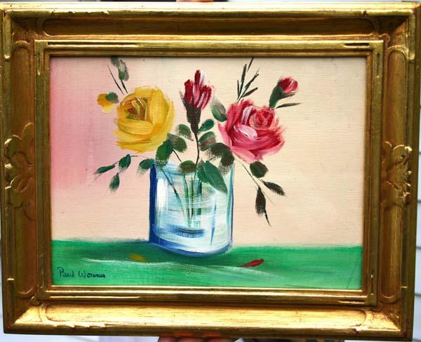 Paul John Wonner (1920-2008) 9x12 o/bd still life : Paul John Wonner (1920-2008) 9x12 o/bd still life of roses