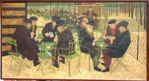 Outstanding Alfred Daniels (1924 - ) fine 48x26 mul: Outstanding Alfred Daniels (1924 - ) fine 48x26 multi figural outdoor card tournament genre dtd 1955