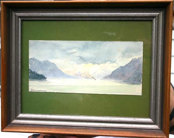 Edward Brian Seago (1910-1974) 4 1/2 x 10 w/c lake: Edward Brian Seago (1910-1974) 4 1/2 x 10 w/c lake & mountain scene