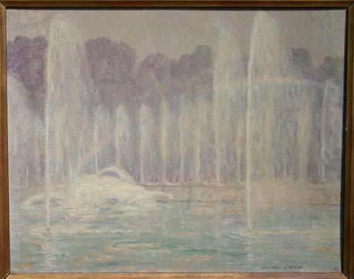 William Posey Silva (1859-1948) 16x20 o/bd impres: William Posey Silva (1859-1948) 16x20 o/bd impressionist fountain scene w multiple fugures titled on verso "The Basin of Neptune - Versailles by WM P Silva - Carmel CA"