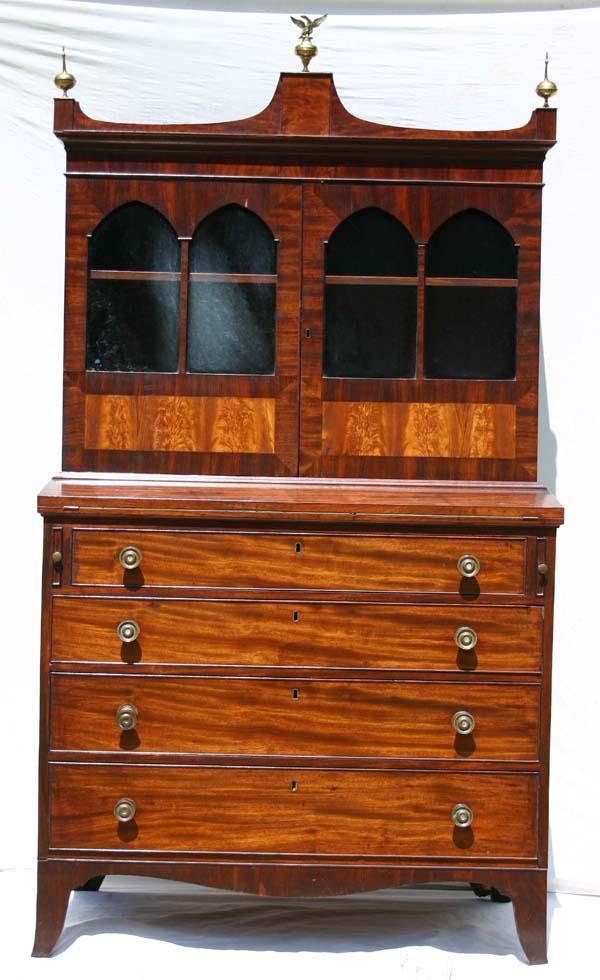 Important period Hepplewhite ca 1790-1800 mahog se: Important period Hepplewhite ca 1790-1800 mahog secretary desk w extensive flame satinwood inlay attrib to Mark Pitman of Salem, MA - See Israel Sack Collection Vol 2 pg 323 for similar - 6'5" tall x 
