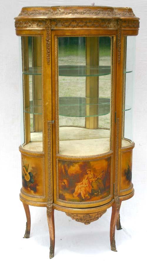 Beautiful 4'9" tall Vernis Martin bow front bow si: Beautiful 4'9" tall Vernis Martin bow front bow sided china cabinet/vitrine w hnd painted panels