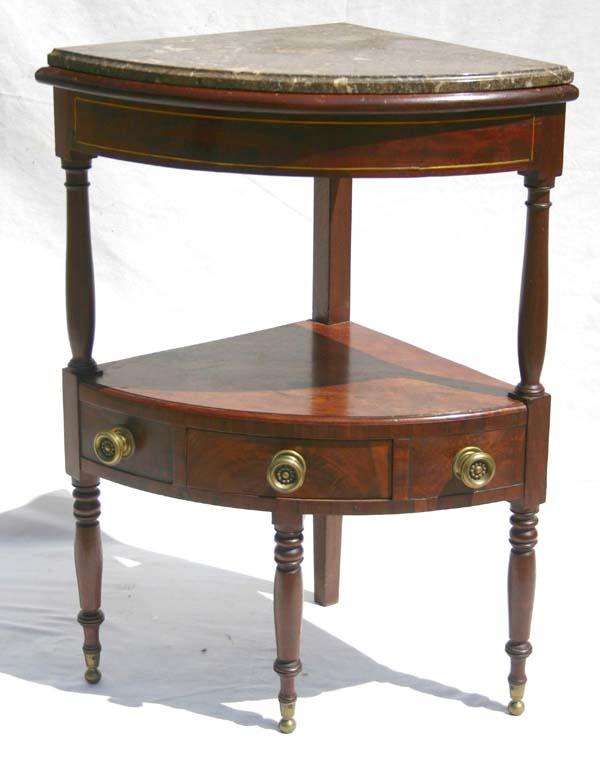 ca 1820 NY mahog marble top corner washstand w ori: ca 1820 NY mahog marble top corner washstand w orig brass knobs & brass ferrel feet (pine secondary wood) - 34" tall