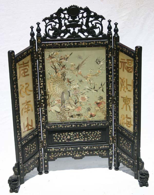 fine antique Chinese highly carved & ebonized fold: fine antique Chinese highly carved & ebonized folding screen w MOP inlay & silk embroidered panels, carved crest & foo dog feet - 3'10" tall x 37"wide