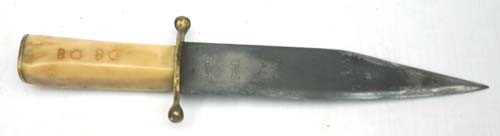 antique US marked Bowie knife w bone & brass handle: antique US marked Bowie knife w bone & brass handle inscribed "Bo Bo"