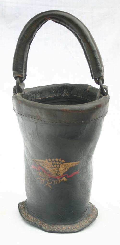 19thC leather fire bucket w orig eagle painted dec: 19thC leather fire bucket w orig eagle painted dec - 18" to top of handle