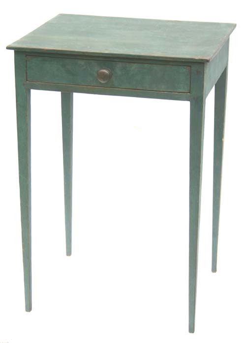 Wonderful period Hepplewhite ca 1805 NH 1 drawer s: Wonderful period Hepplewhite ca 1805 NH 1 drawer stand on delicate tapered legs in blue paint